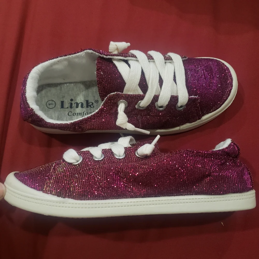 Burgundy Girls Sparkly Canvas Shoes